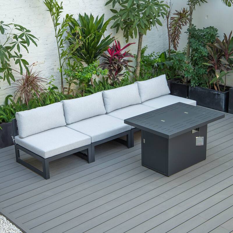 LeisureMod Chelsea 5-Piece Outdoor Patio Chairs and Fire Pit Table Set