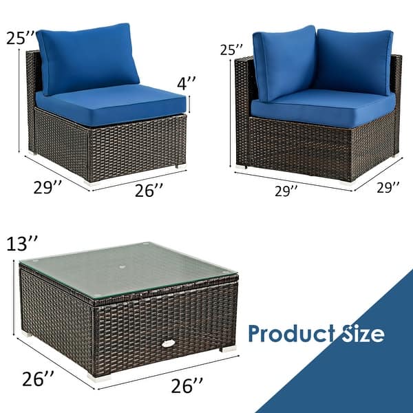 dimension image slide 2 of 5, Costway 5PCS Patio Rattan Furniture Set Cushioned Sofa & Chair Coffee