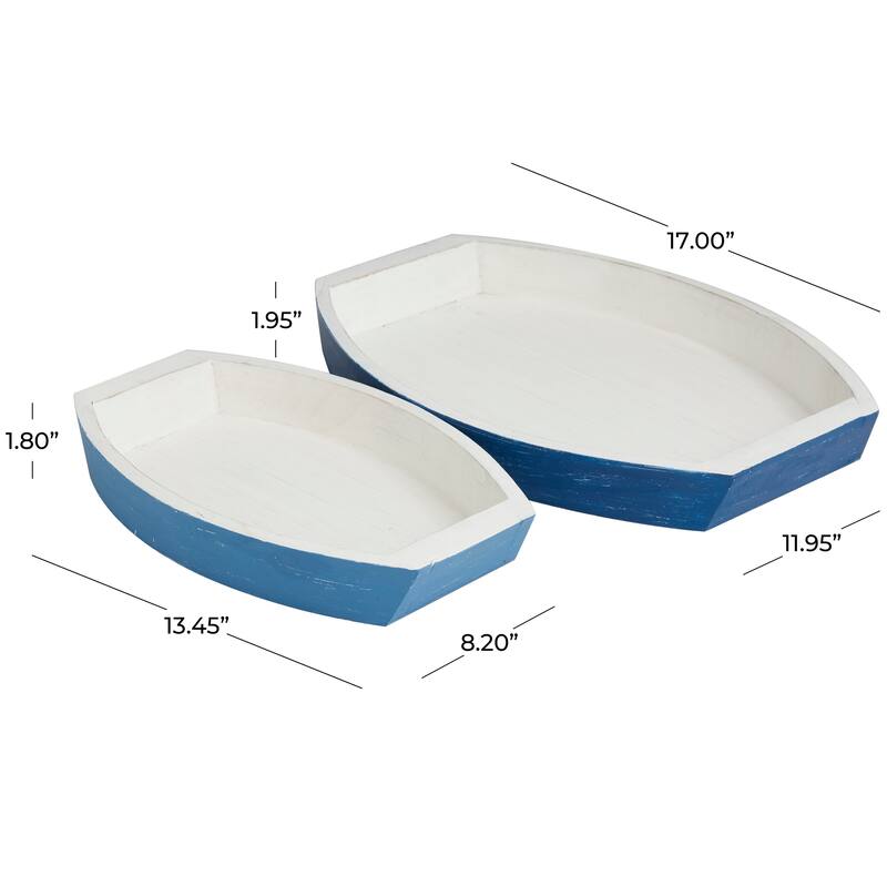 Blue Wood Handmade Distressed Two Toned Boat Living Room Decor Tray (Set of 2) - 17", 13"W