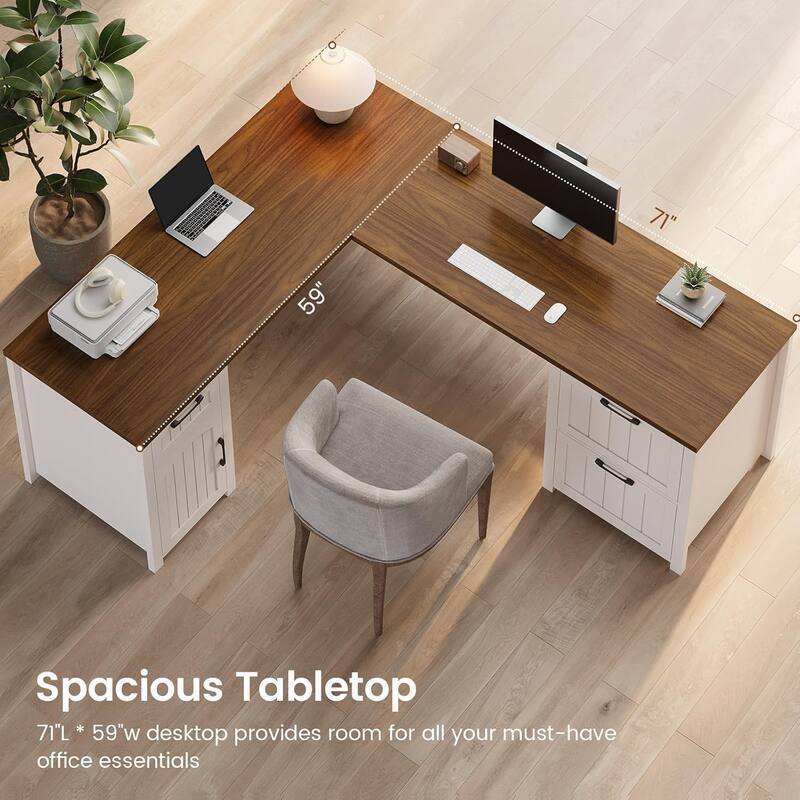 Executive L Shaped Desk Office Desk Drawers Storage Drawers Cabinet - 71" - White