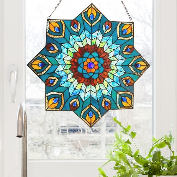 River of Goods 24-inch Tiffany-style Stained Glass Peacock Star Window Panel - 24"L x 0.25"W x 24"H