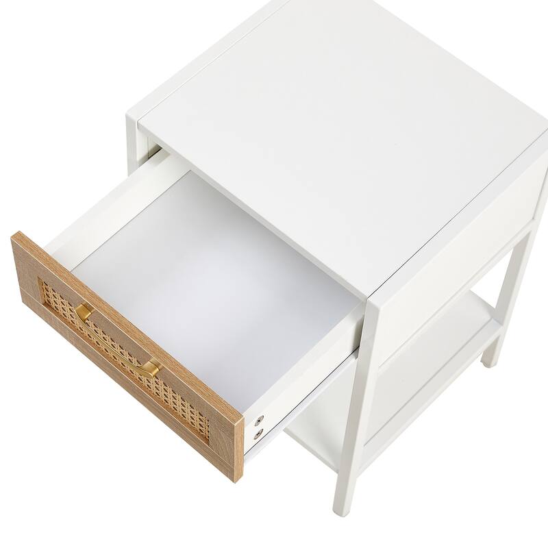 Modern Natural Rattan Wooden Nightstand/End Table/Side Table with Drawer(Set of 2)