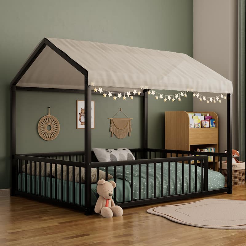 Montessori Style Metal Floor Bed Frame, House Shaped Bed for Kids and Toddlers, No Slats, House Bed
