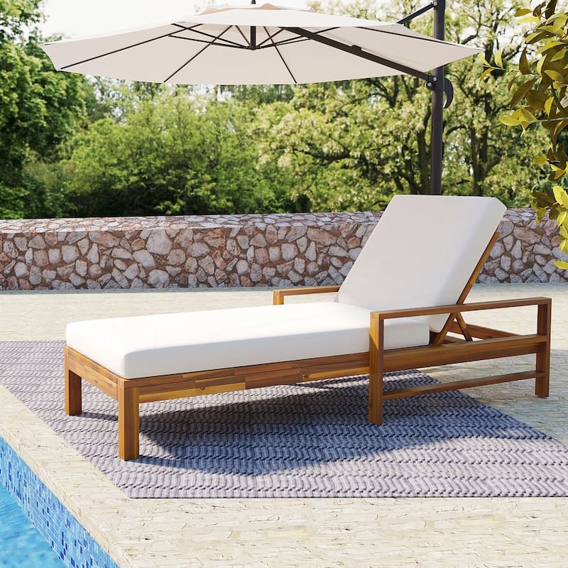 Acacia Wood Adjustable Backrest Outdoor Lounge Chair - Beige