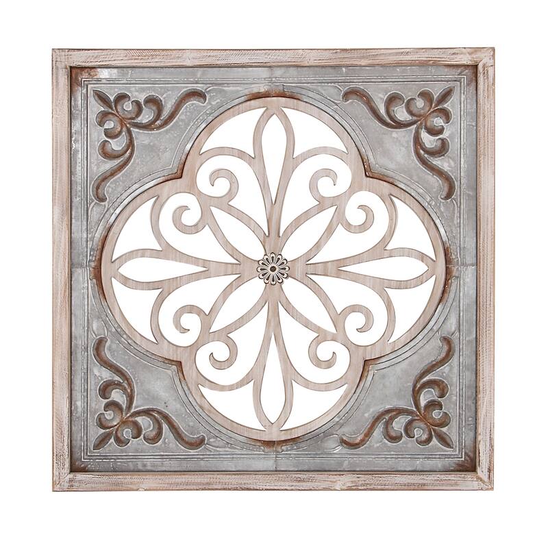 Metal Scroll Cutout Wall Decor with Brown Wood Accents - Gray - Roche River Decor