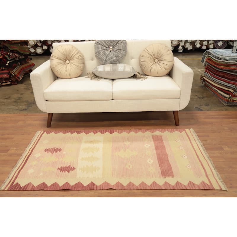 Hand Woven Oriental 100% Wool Carpet Southwestern Tribal Pink Kilim Area Rug - 5' 5'' X 3' 1''