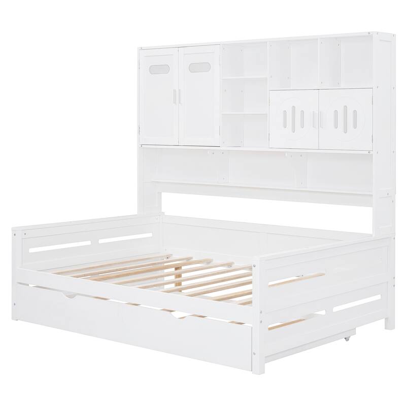 Space-Saving Full Size Daybed with Twin Trundle, Wooden Platform Bed Frame with All-in-One Cabinet & Shelf, No Box Spring Needed