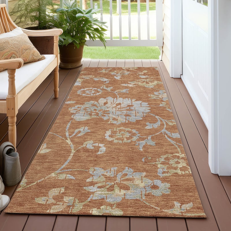 Machine Washable Indoor/ Outdoor Chantille Farmhouse Floral Rug - Paprika - 2'3" x 7'6"