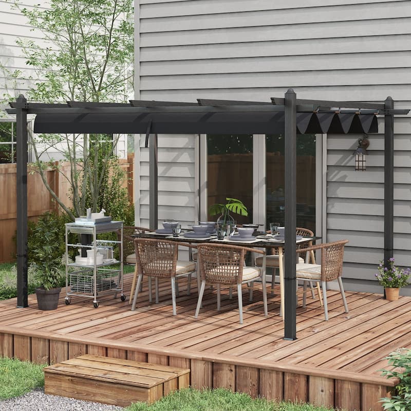 Outsunny 10' x 13' Retractable Pergola Canopy, Wood Grain Aluminum Pergola, Outdoor Sun Shade Shelter for Grill, Garden, Patio - Grey