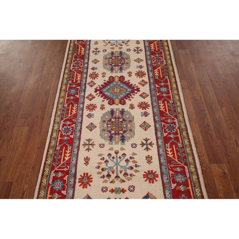 Geometric Beige Kazak Oriental Runner Rug Handmade Wool Carpet - 2'9" x 12'10"