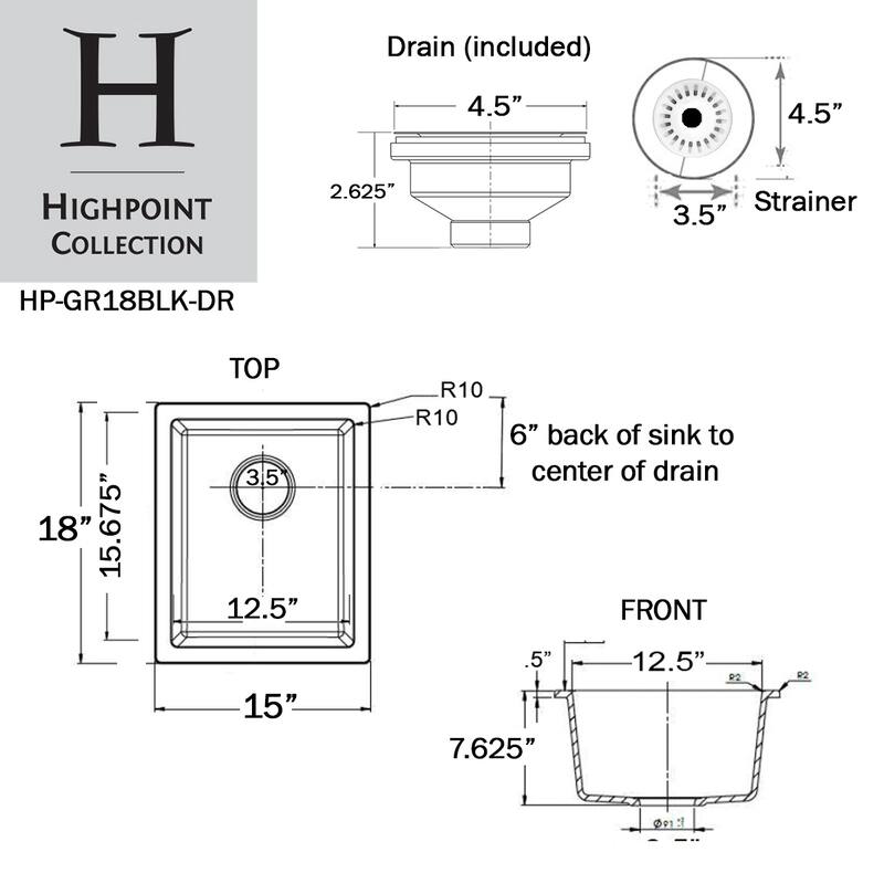 Highpoint Collection European Granite Composite Bar Sink and Drain Set - 15" x 18" x 7.6"