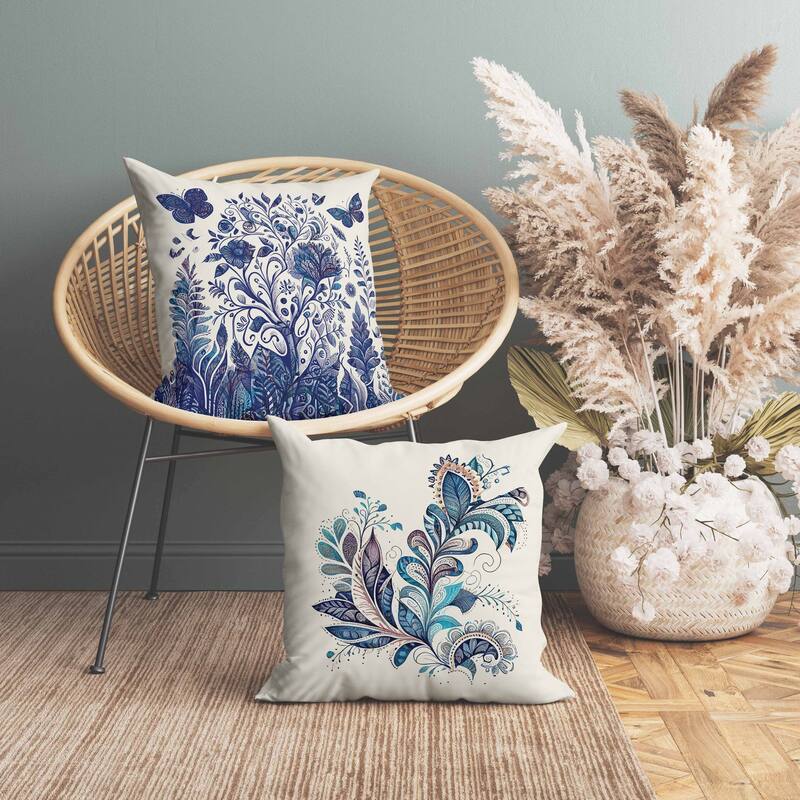 Winged Gardenia Faux Suede Reversible Throw Pillow Blue and Ivory