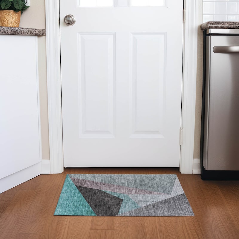 Machine Washable Indoor/ Outdoor Chantille Contemporary Dimensions Rug - Teal - 1'8" x 2'6"