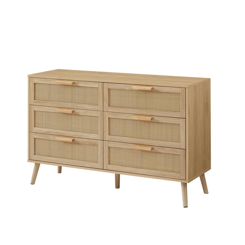 Bedroom dresser,6 Double Dresser with rattan drawers,wood chest of drawers,Natural, 47.2'' W x 15.8'' D x 30'' H