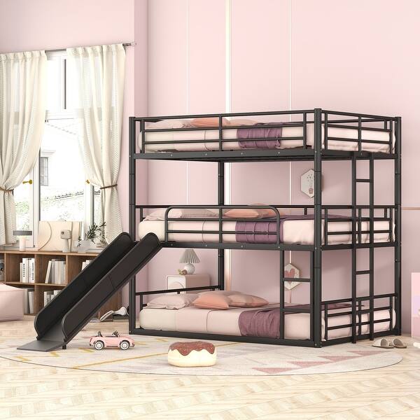 slide 2 of 9, Multi-functional Full Size Metal Bunk Bed with Ladders and Slide, Divided into One Platform and Loft Bed Black