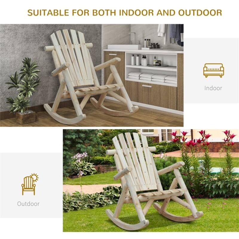 Natural Fir Wood Adirondack Rocking Chair with Wide Seat and Armrests - 26" D x 37.75" W x 38.5" H