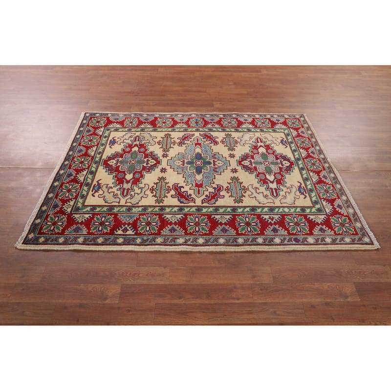 Kazak Yellow Oriental Accent Rug Hand-Knotted Wool Carpet - 4'1" x 5'7"