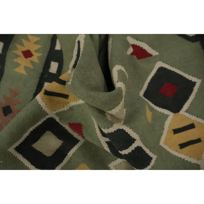 Hand Woven Oriental 100% Wool Carpet Southwestern Tribal Green Kilim Area Rug - 8' 1'' X 4' 10''