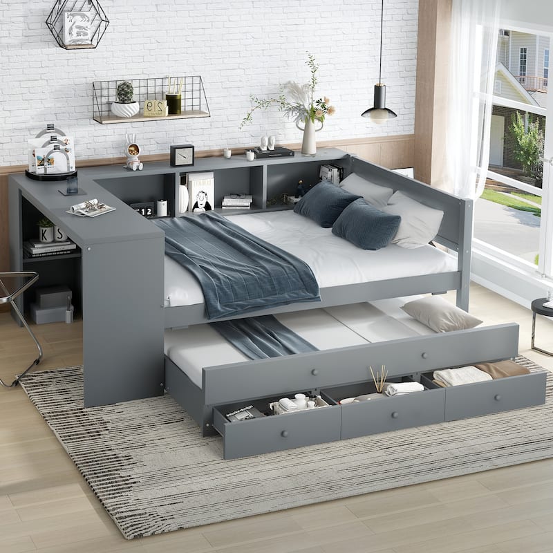 Full Size Wood Daybed with Trundle, Storage Drawers, Side Shelves, and Desk, Gray - Grey