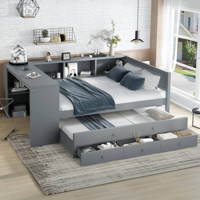 Wooden Daybed Frame with Pull Out Trundle and 3 Drawers, Platform Sofa Bed with Built In Desk and Shelves, No Box Spring Needed