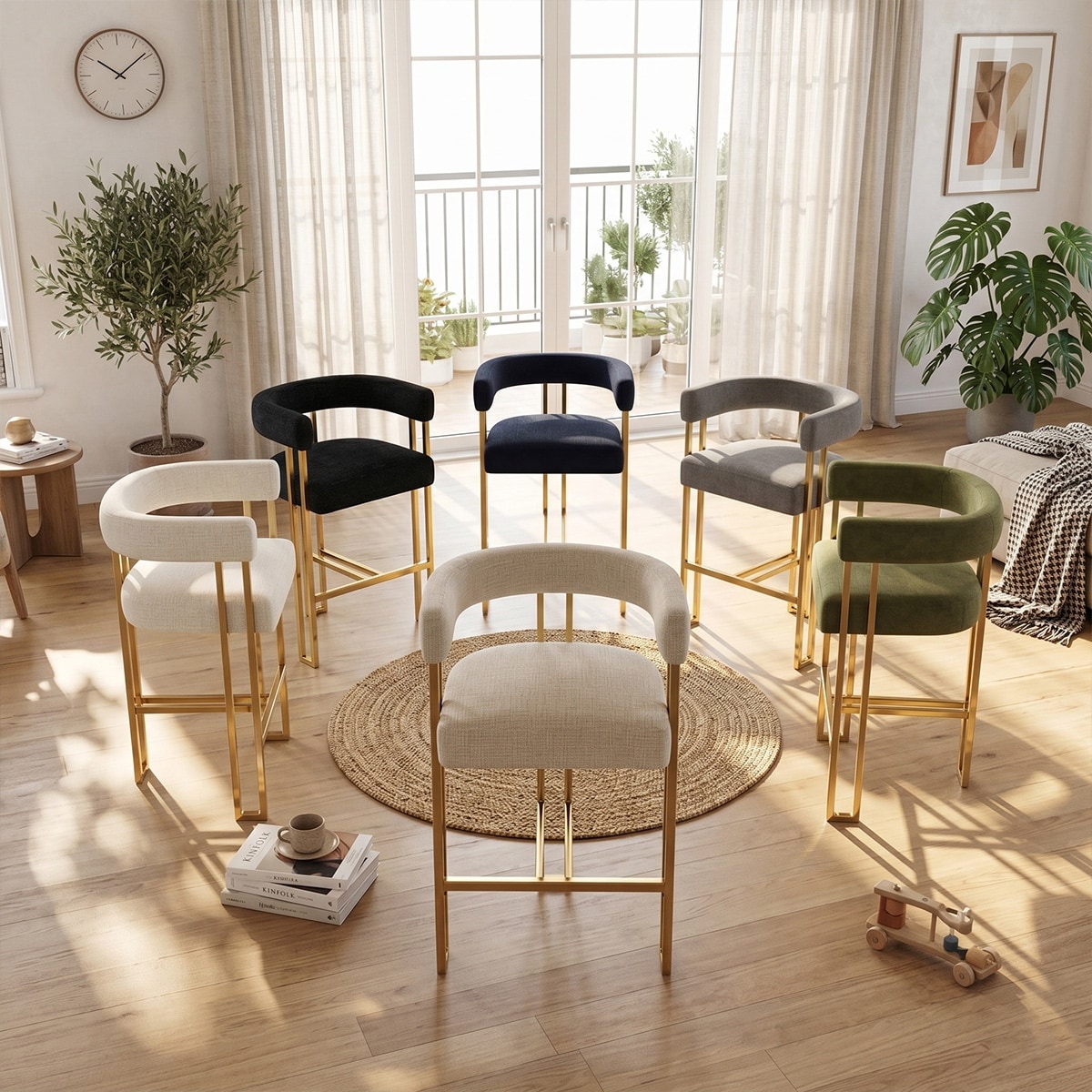 Chenille Upholstered Counter Stools with Gold Metal Legs (Set of 2)