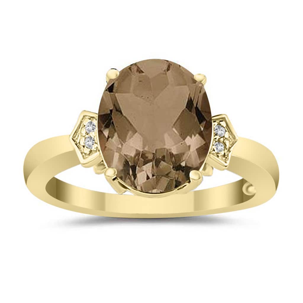 Marquee Jewels Smokey Quartz & Diamond Ring in 10k Yellow Gold