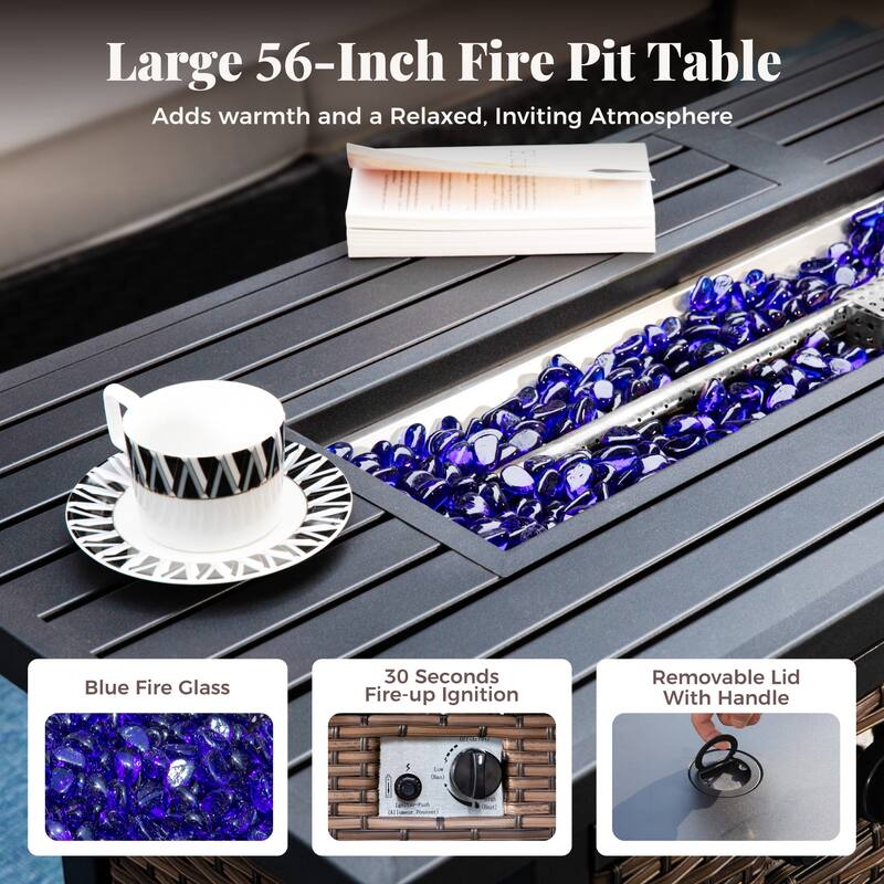 MAISON ARTS Patio Furniture Set with 56" Fire Pit Table, Deep Seating Sofa & Swivel, Rocking, and Fixed Chairs (5 Seats, Beige)