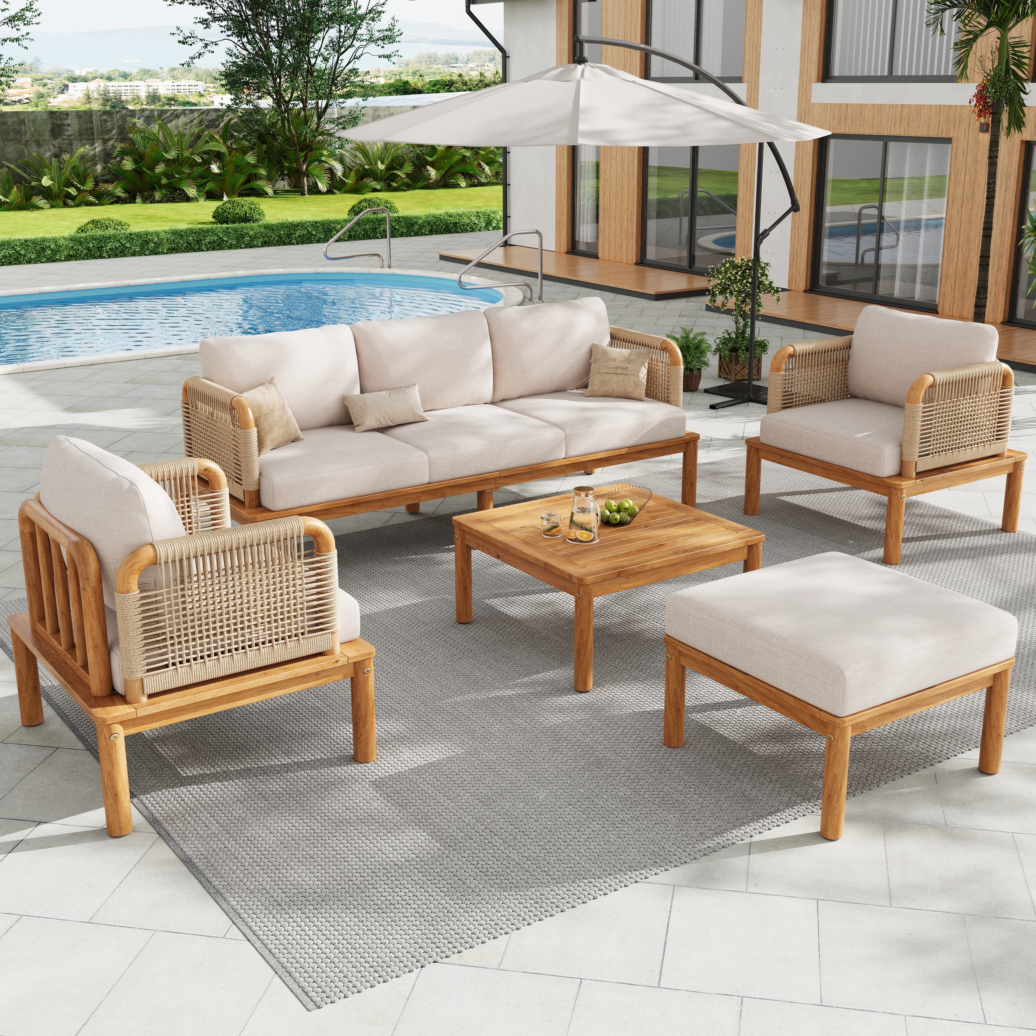 Christopher Knight Home - Emerson Outdoor 5-piece Acacia Wood and Rope Patio Sofa Set