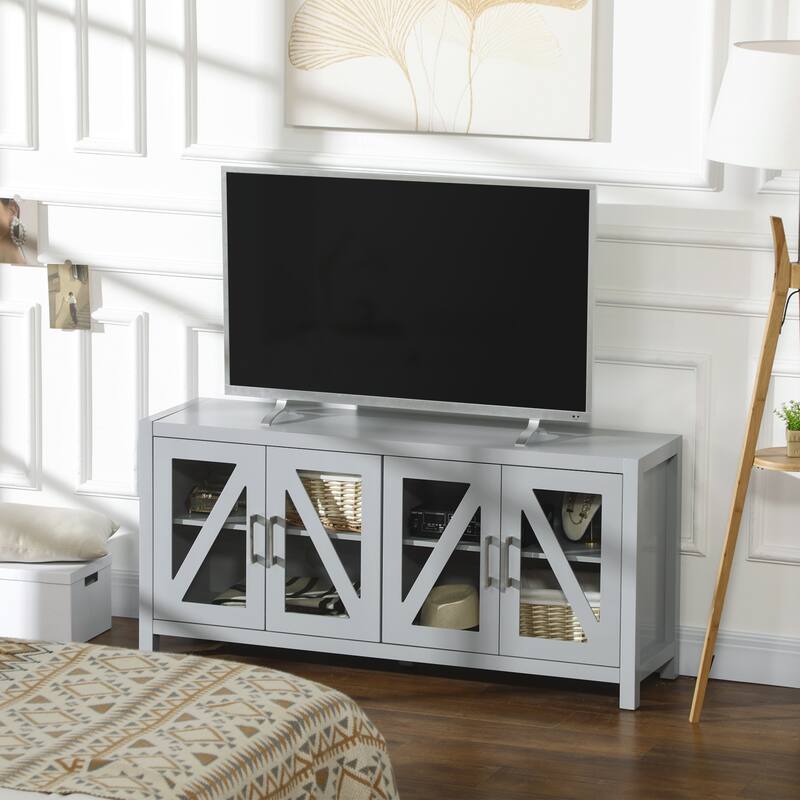 ​Minimalist Cream White TV Stand with 2 Storage and 2 Glass Doors Cabinets for Living Room Bedroom and Apartment​ - Gray