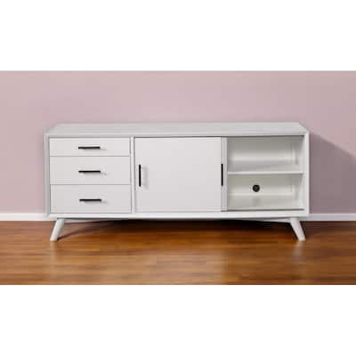HomeRoots 64" White Mahogany Solid Wood Enclosed and Open Storage TV Stand - 27" x 64" x 19"