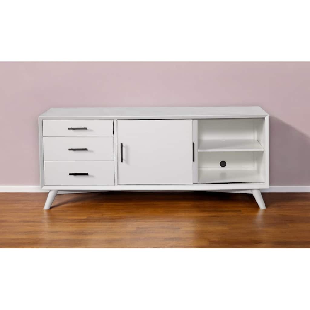 HomeRoots 64" White Mahogany Solid Wood Enclosed and Open Storage TV Stand - 27" x 64" x 19"