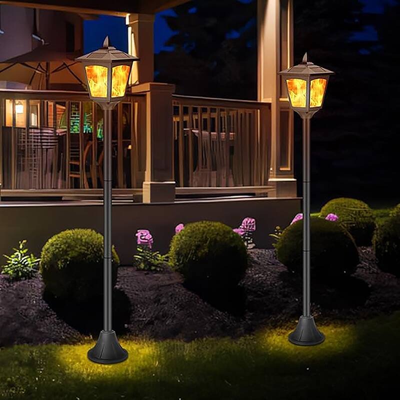40" Solar Flickering Flame Post Lights Waterproof LED Outdoor Lanterns for Patio, Garden, Pathway - Black
