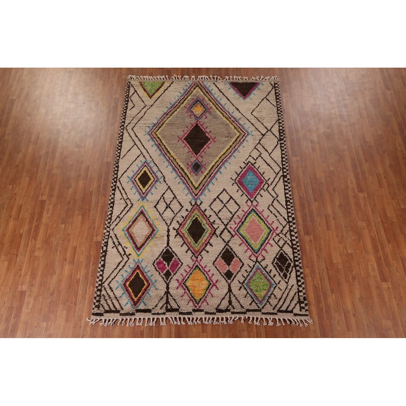 All-Over Plush Geometric Moroccan Area Rug Handmade Wool Carpet - 6'9" x 10'2"