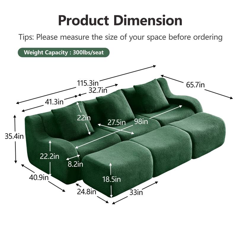 Anmytek Modern Plush 3-Seat Chaise Sofa - High-Quality Teddy Fabric, 32D High Density Sponge, No Assembly