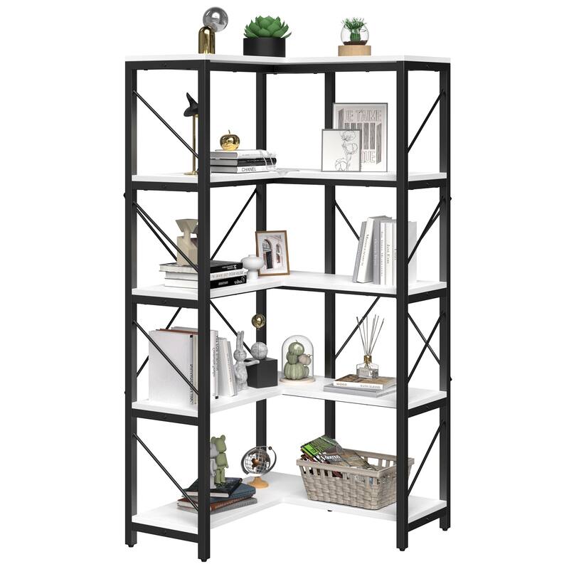 Moasis 65.9-Inch Corner Bookshelf 5-Tier Industrial Display Bookcase - White/Black