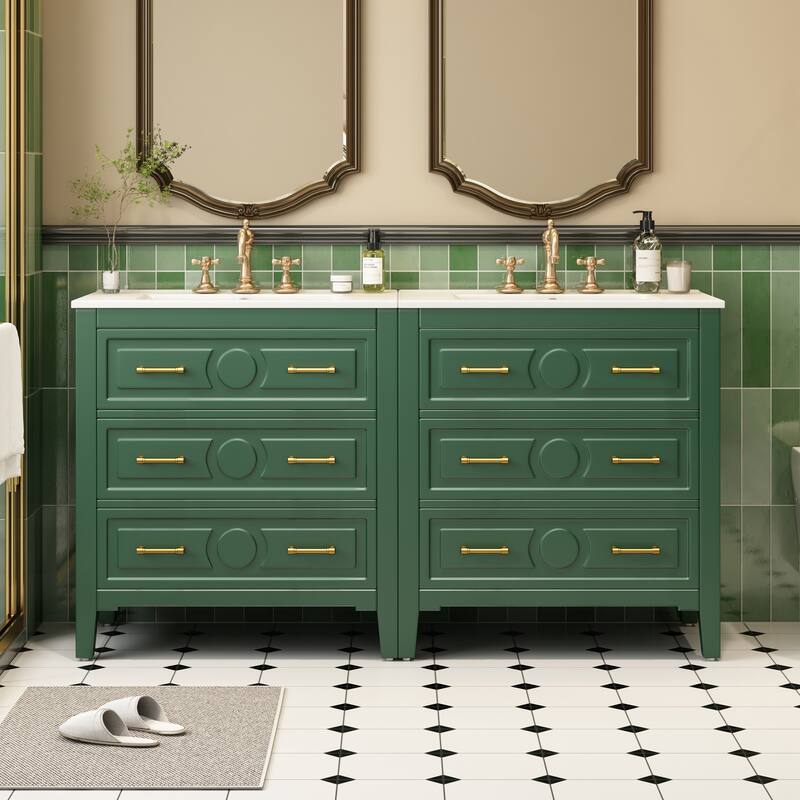 Roomfitters 30 Inch Bathroom Vanity with Ceramic Sink Combo, Freestanding Storage Cabinet with 3 Drawers - Green
