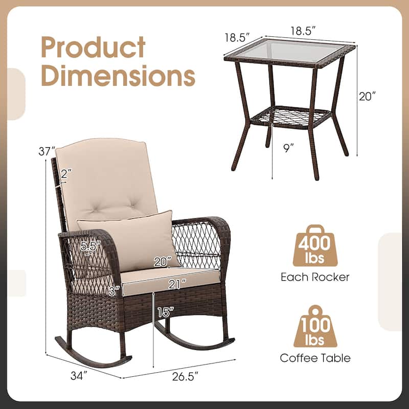 Gymax 3 Pieces Rocking Bistro Set PE Rattan Rocking Chairs w/ 2-Tier