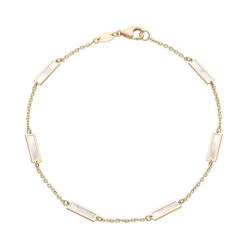 Curata 14k Yellow Gold Italian 7" Inlaid Genuine Gemstone 10X2mm Bar Station Bracelet - White MOP