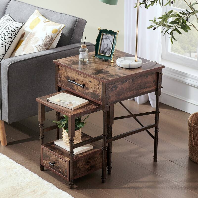 VECELO Small Coffee Table Set of 2, Coffee Table with Steel Frame, Side End Table for Living Room