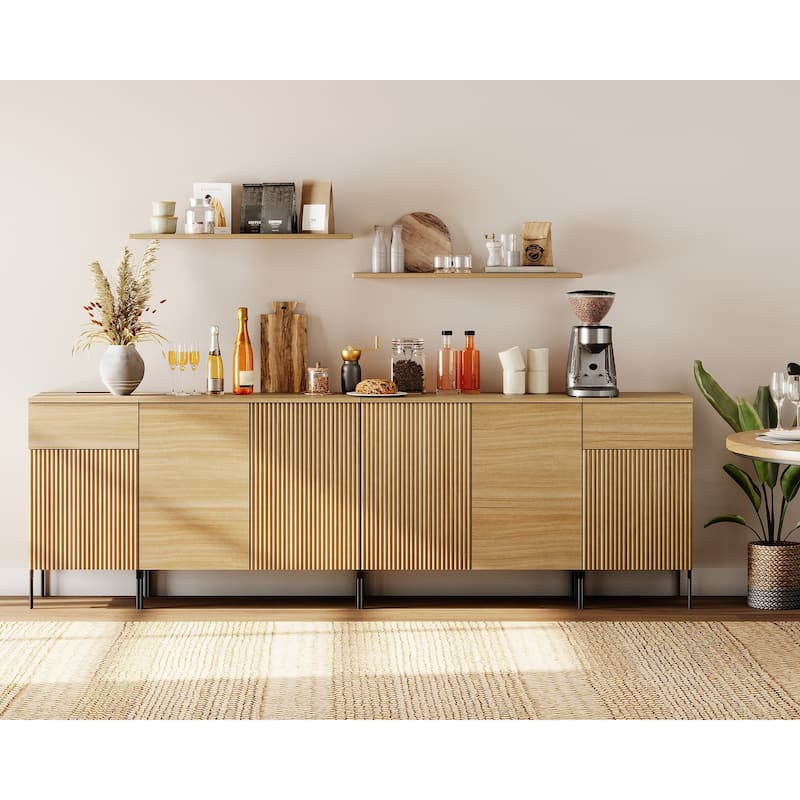 94.5" Modern Reeded 4-Door Sideboard With Charging, 4-In-1 Wooden Credenza Storage Cabinet - Oak