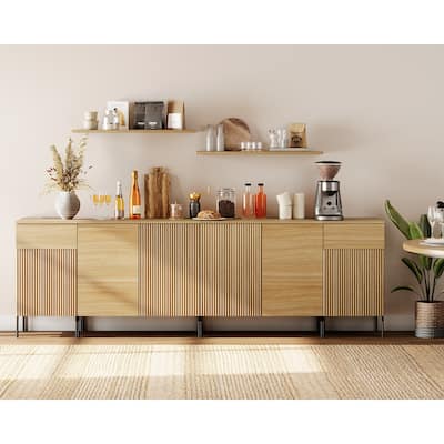 94.5" Modern Reeded 4-Door Sideboard With Charging, 4-In-1 Wooden Credenza Storage Cabinet