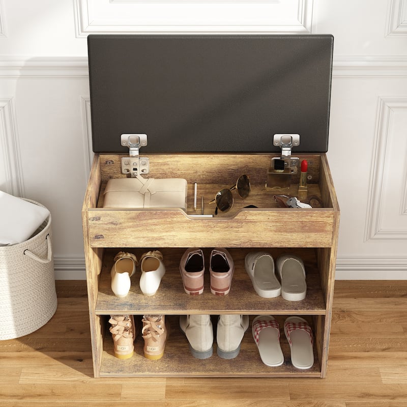 24" Rustic Entryway Shoe Storage Bench Open Shelf (6 Pairs) Shoe Storage Cabinet