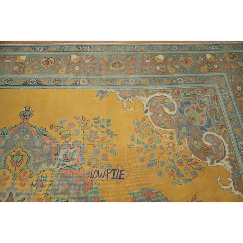 Hand Knotted Oriental 100% Wool Carpet Traditional Floral Yellow & Gold Tabriz Area Rug - 11' 4'' X 8' 3''