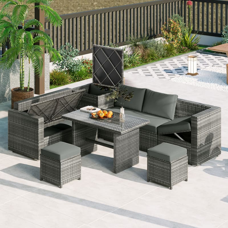 6PCS Outdoor Patio Wicker Rattan Sectional Set with Storage Box and Tempered Glass Top Table - Grey