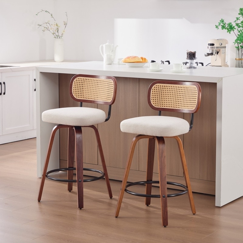 2PCS High Swivel Bar Stools with Rattan Back and Comfort Upholstered Seat