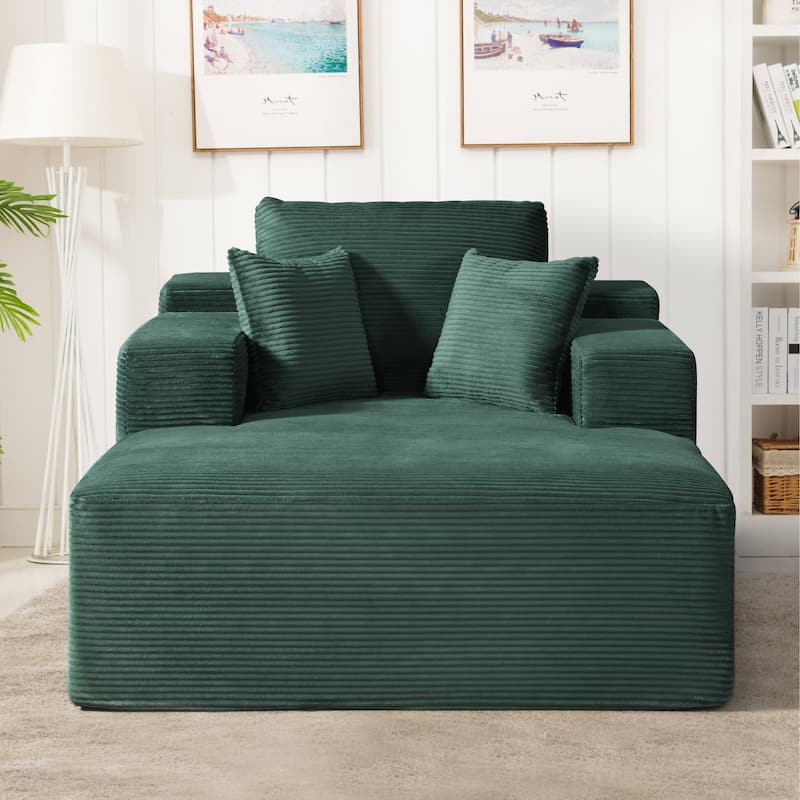 Convertible Chaise Lounge Chair Indoor - Oversized Corduroy Couch with Wide Armrest & Throw Pillows
