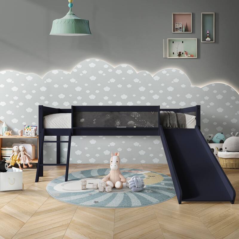 CraftPorch Classic Twin Low Loft Bed with Chalkboard, Slide and Ladder