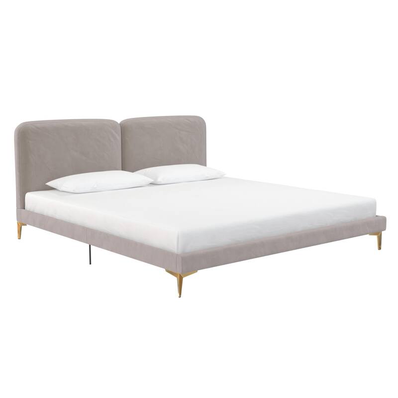 Velvet Upholstered Platform Bed with Foam-Padded Headboard, Modern Metal Legs, King Size