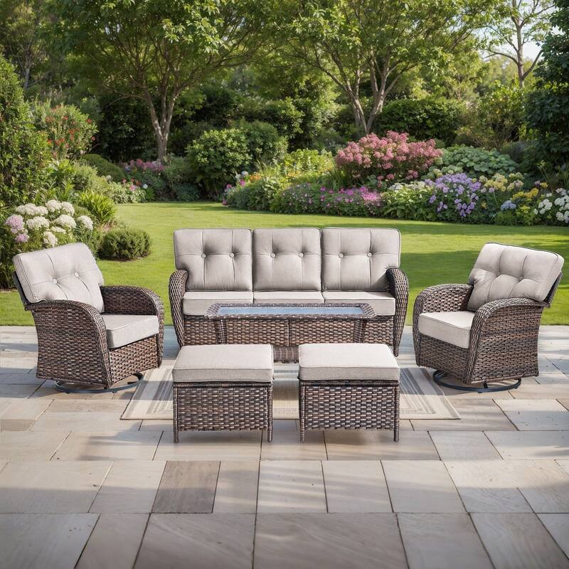 Pocassy 6 Piece Ooutdoor Sofa with Swivel Chair Ottoman Table - Brown Wicker & Beige cushion