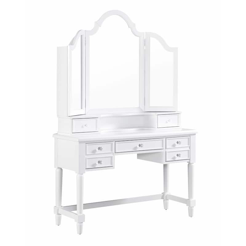 Furniture of America Izabel White Traditional 5-Drawer 3-Piece Makeup Vanity Set with Tri-fold Mirror